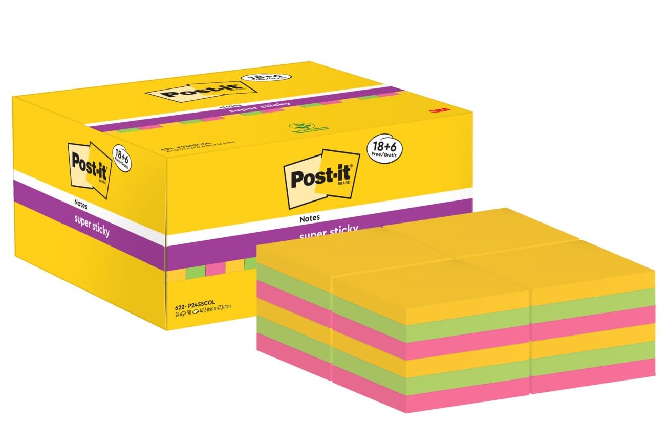 Post-it Super Sticky Notes, Value Pack, 18 + 6 FREE Pads, 90 Sheets per Pad, 47.6 mm x 47.6 mm - Extra Sticky Notes for Walls, Monitors and Fridge