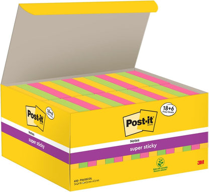 Post-it Super Sticky Notes, Value Pack, 18 + 6 FREE Pads, 90 Sheets per Pad, 47.6 mm x 47.6 mm - Extra Sticky Notes for Walls, Monitors and Fridge