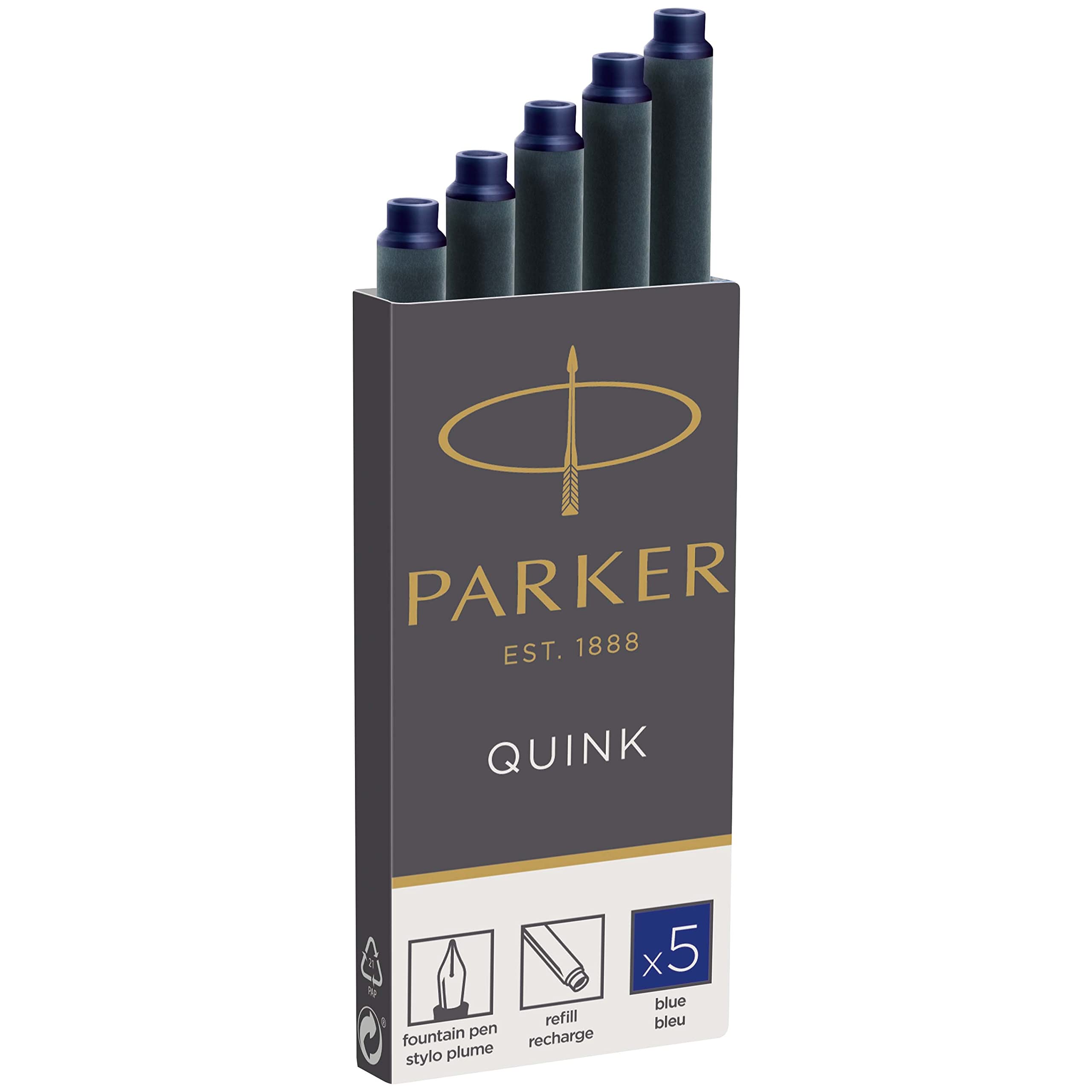 Parker Quink Ink Cartridges - Long Size - Pack of 5 - Blue
