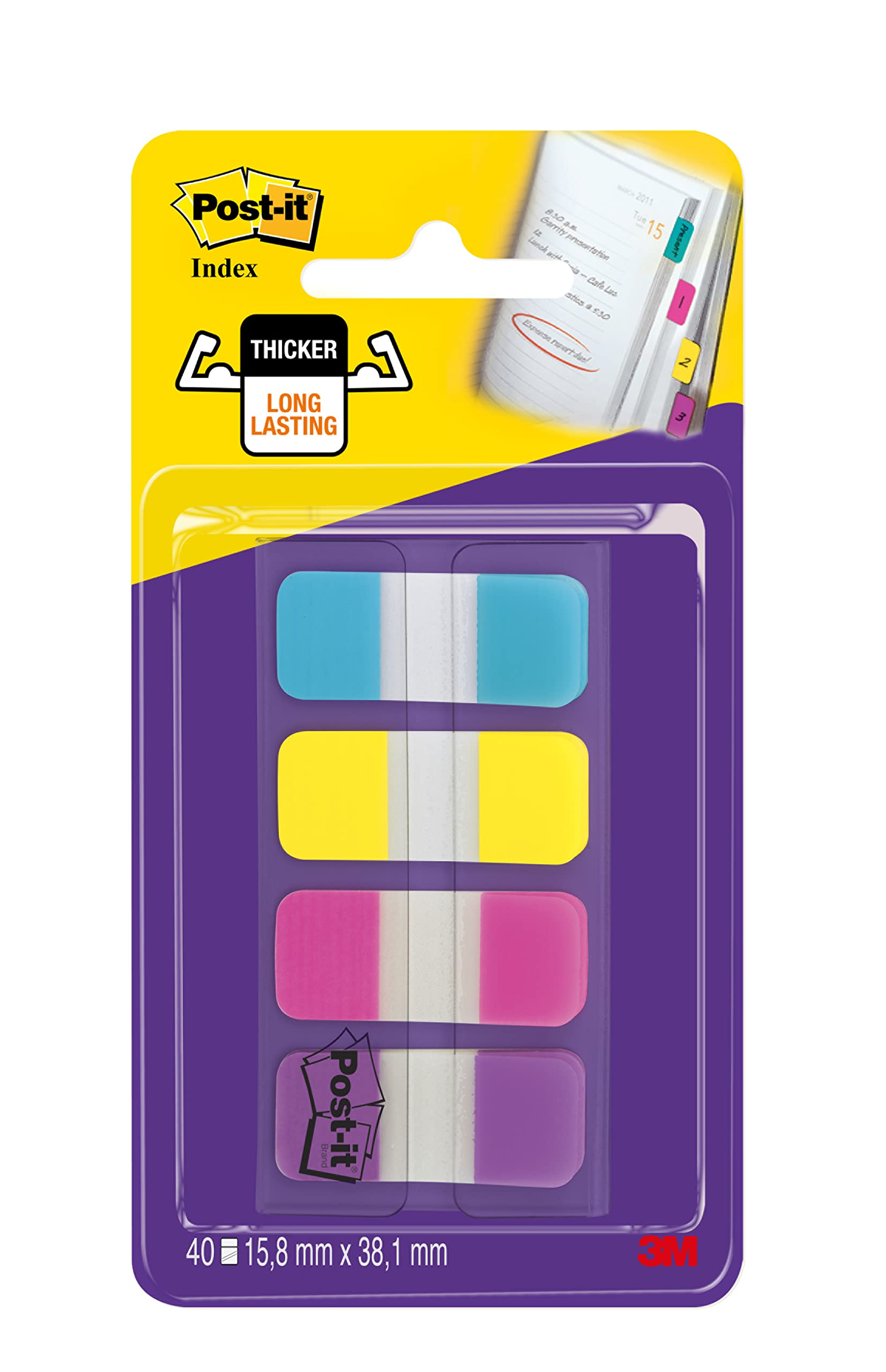 Post-it Index Strong Filing Tabs, Small - 40 Tabs, 15.8 mm x 38.1 mm, Blue, Purple, Pink, Yellow - Extra Strong Sticky Flags for Documents and Information