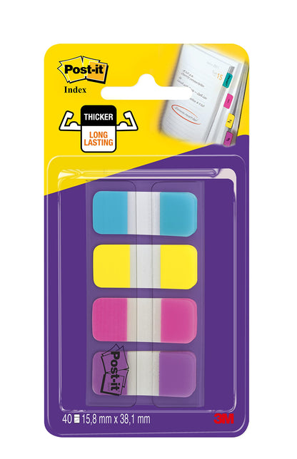 Post-it Index Strong Filing Tabs, Small - 40 Tabs, 15.8 mm x 38.1 mm, Blue, Purple, Pink, Yellow - Extra Strong Sticky Flags for Documents and Information