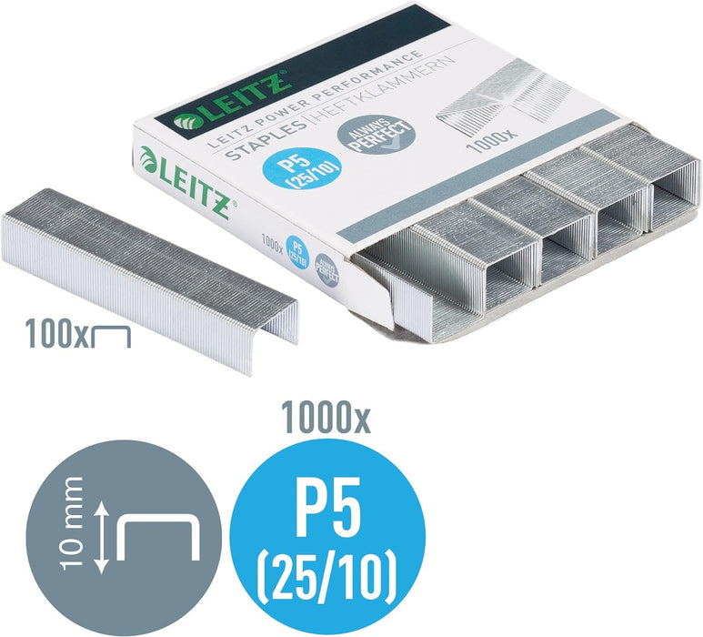 Leitz 55740000 P5 Power Performance 25/10 Staples, Power Performance, Resistant Metal Wire, Length 10 mm, 1000 Staples, Staples Up to 60 Sheet Capacity