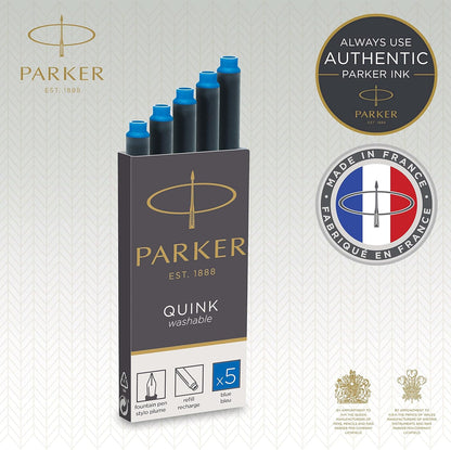Parker Fountain Pen Ink Refill Cartridges | Long | Washable Blue QUINK Ink | 5 Count