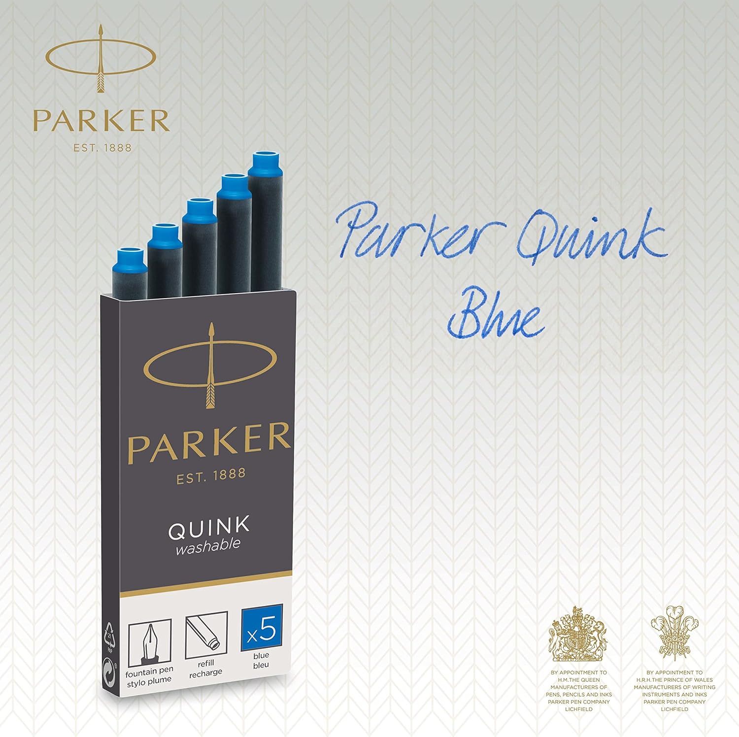 Parker Fountain Pen Ink Refill Cartridges | Long | Washable Blue QUINK Ink | 5 Count