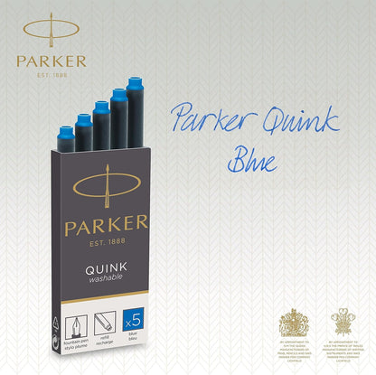 Parker Fountain Pen Ink Refill Cartridges | Long | Washable Blue QUINK Ink | 5 Count