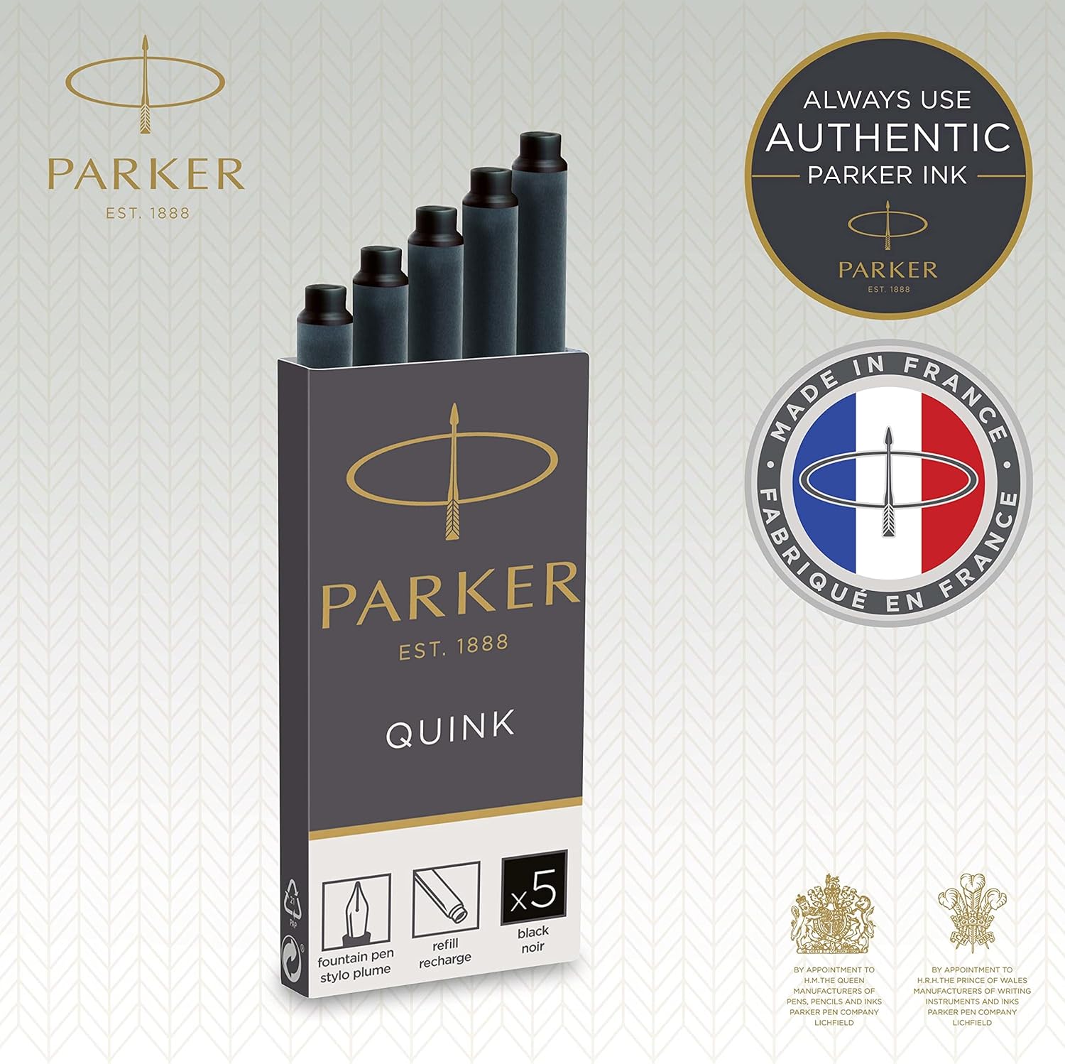Parker Quink Fountain Pen Refills Long Ink Cartridges - 5 Pack - Black Ink