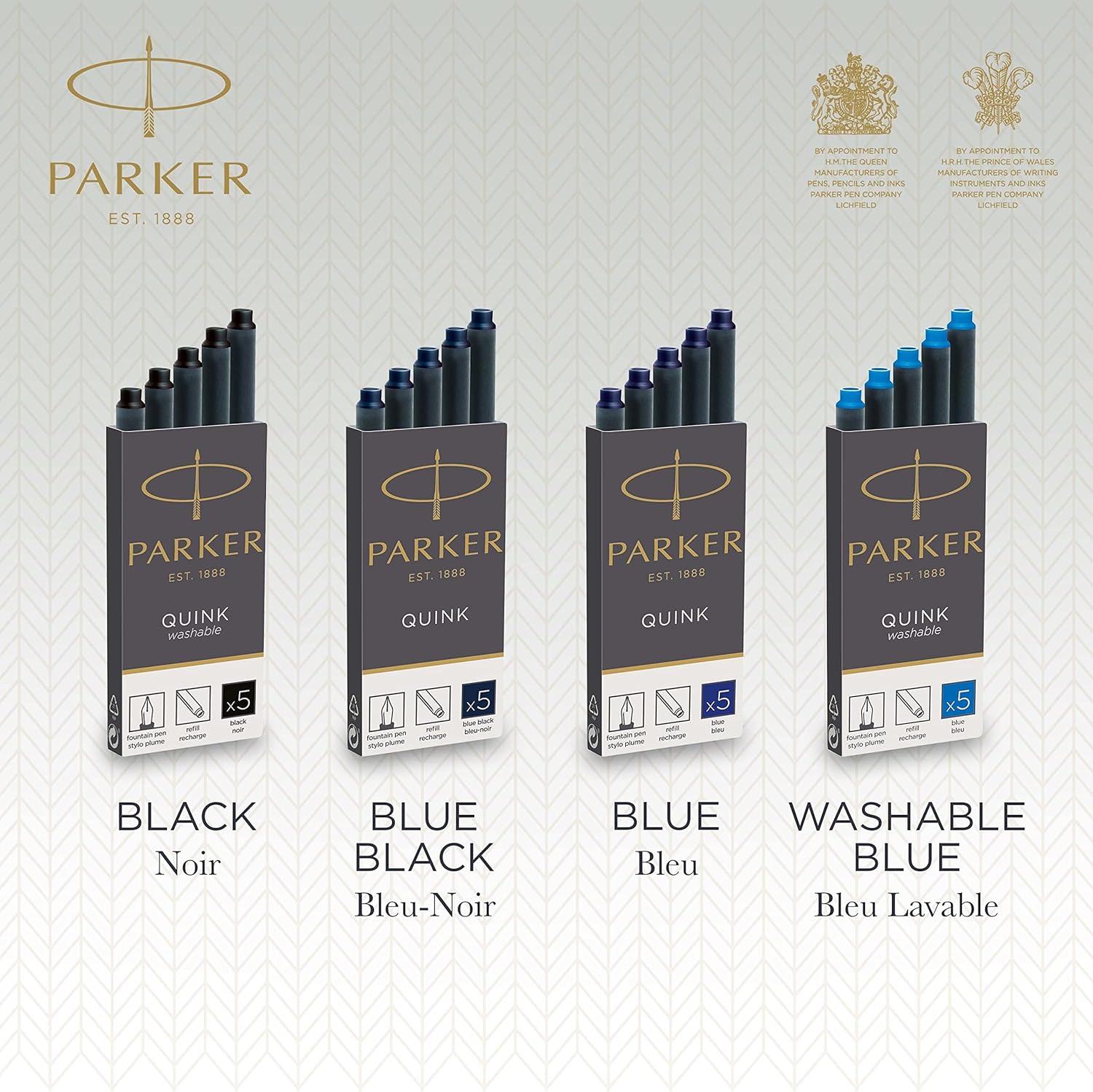 Parker Quink Fountain Pen Refills Long Ink Cartridges - 5 Pack - Black Ink