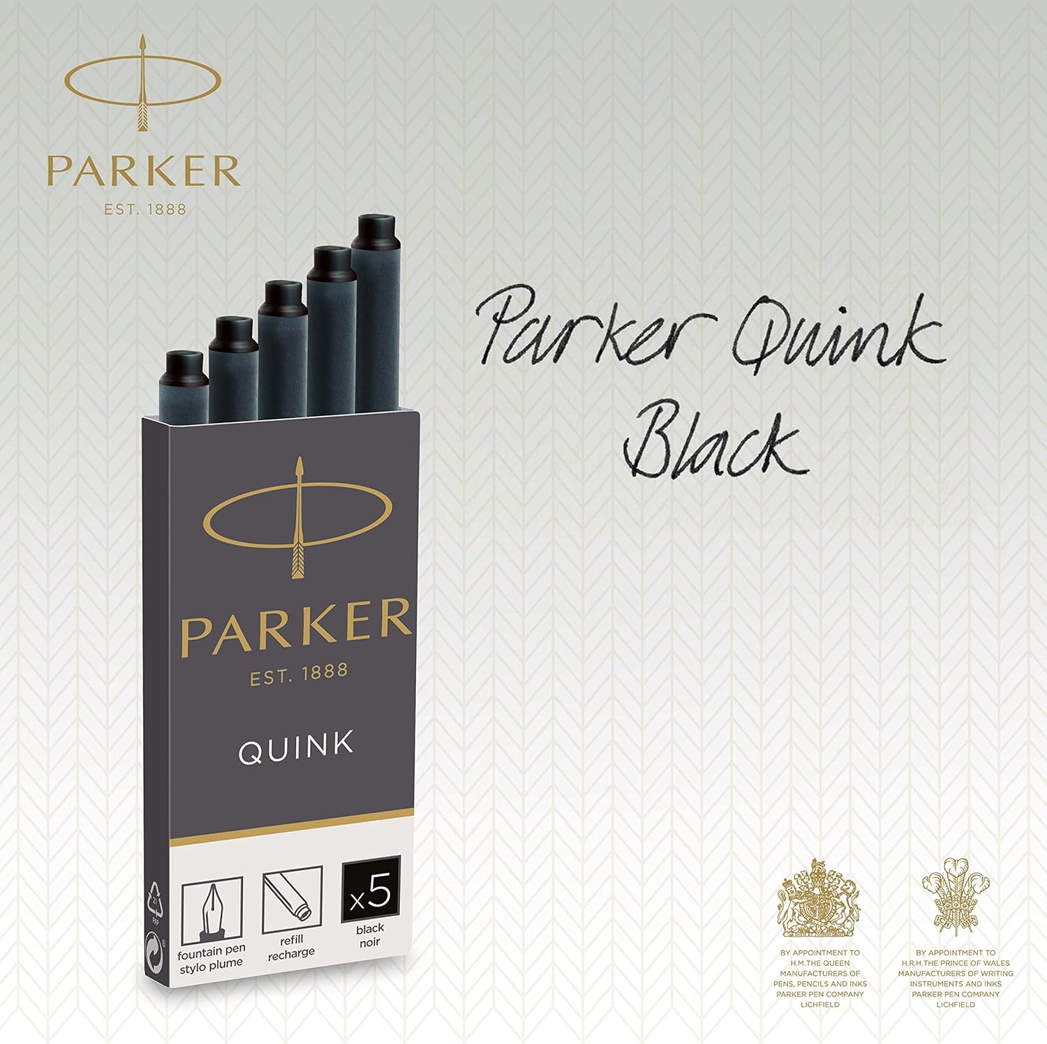 Parker Quink Fountain Pen Refills Long Ink Cartridges - 5 Pack - Black Ink
