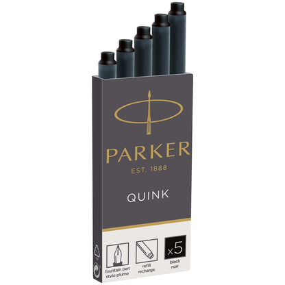 Parker Quink Fountain Pen Refills Long Ink Cartridges - 5 Pack - Black Ink