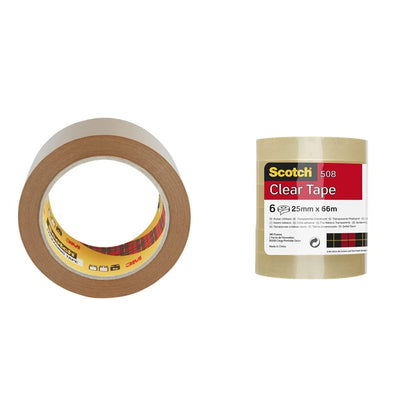 Scotch Heavy Duty Packaging Tape, Value Pack, 6 Rolls of Strong Brown Tape, 50 mm x 66 m - Ideal for Packing Boxes and Parcels & Clear Tape, Pack of 6 Rolls, 25 mm x 66 m