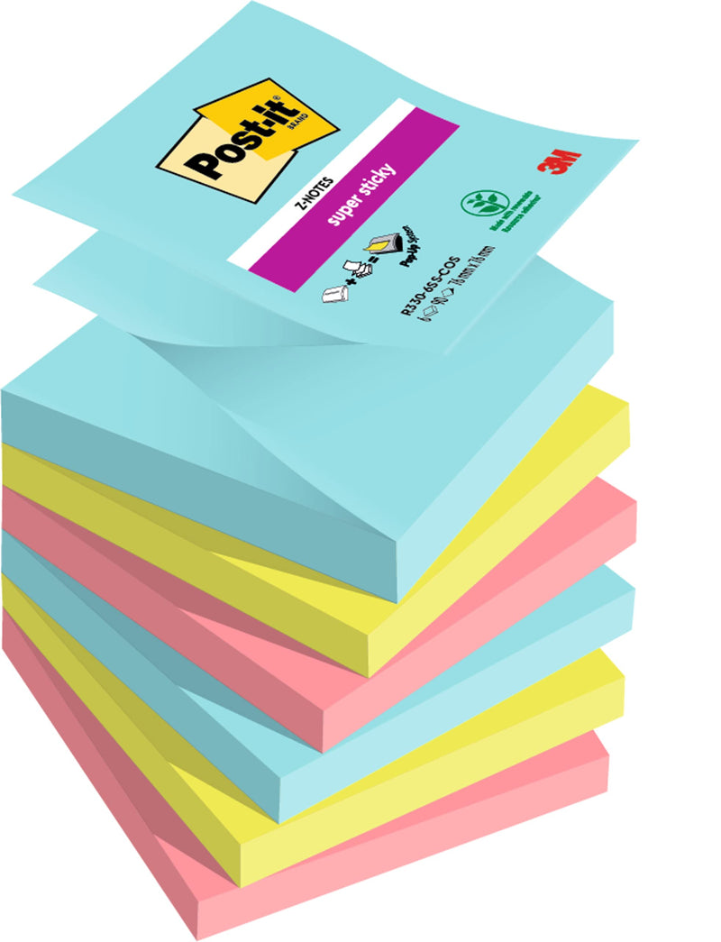 Post-it Super Sticky Z-Notes, Cosmic Colour Collection, 76 mm x 76 mm, 90 Sheets/Pad, 6 Pads/Pack