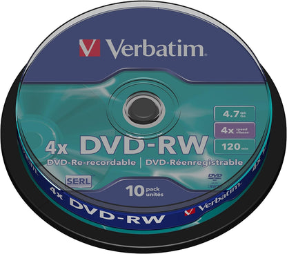Verbatim DVD-RW 4x Matt Silver 4.7GB, 10er Pack Spindel, DVD Rohlinge beschreibbar, 4-fache Brenngeschwindigkeit & Hardcoat Scratch Guard, DVD leer, Rohlinge DVD wiederbeschreibbar Matt Silver (10 Stück )1er Pack