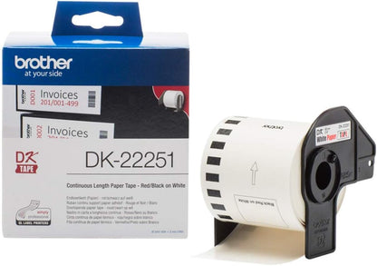 Brother DK-22251 Label Roll, Continuous Length Paper, Black/Red on White, Single Label Roll, 62mm (W) x 15.24M (L), Brother Genuine Supplies