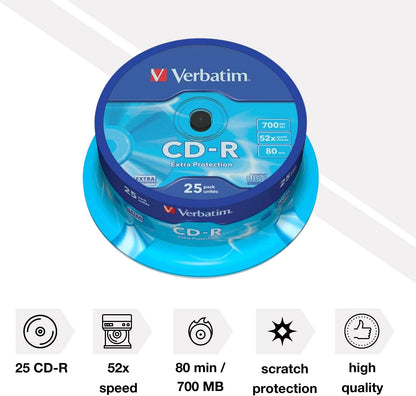 Verbatim CD-R Extra Protection, CD-Rohlinge mit 700 MB Datenspeicher, ideal für Foto- und Video-Aufnahmen, kompatibel mit jedem konventionellen CD-Laufwerk, 25er Pack Spindel