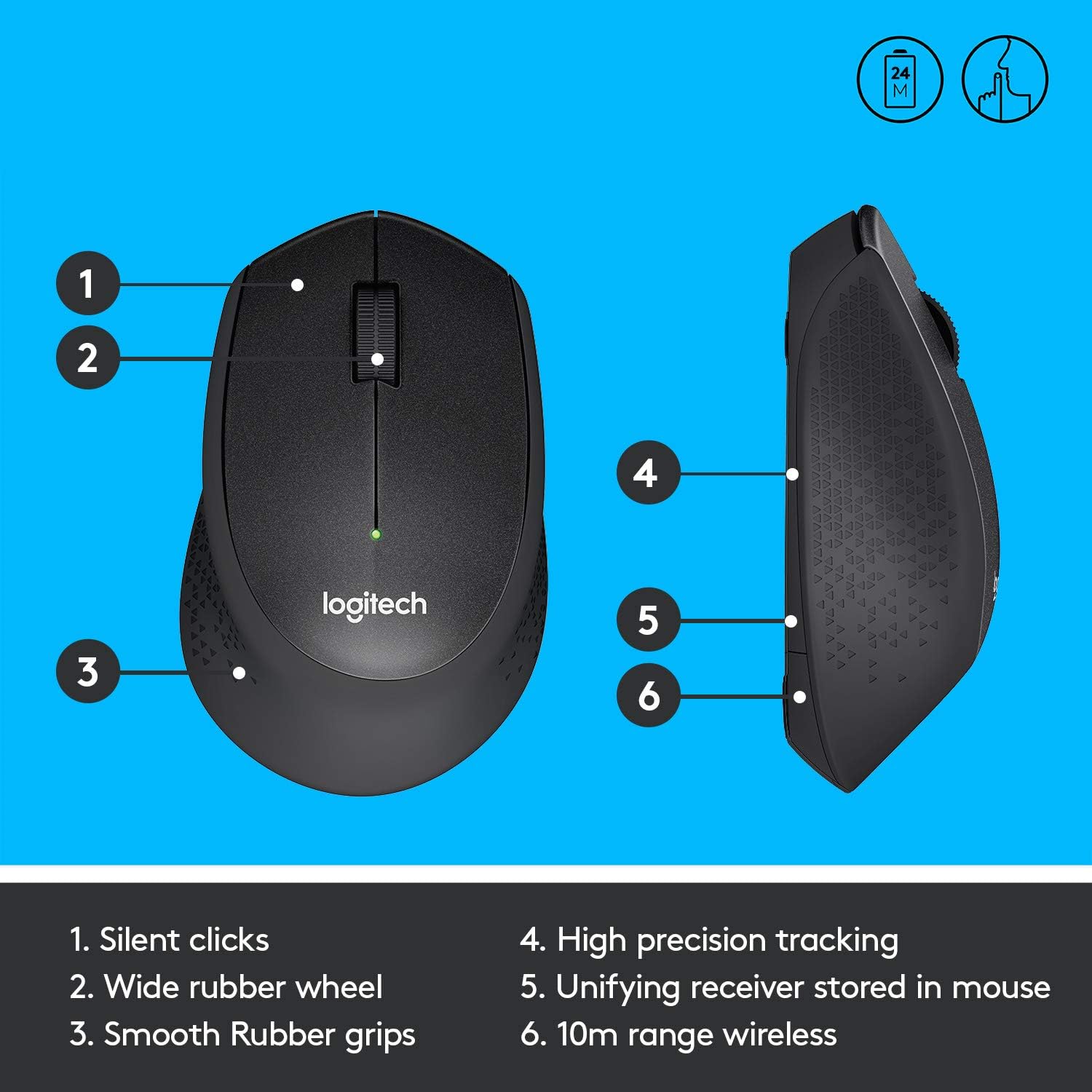 Logitech M330 SILENT PLUS Wireless Mouse, 2.4GHz with USB Nano Receiver, 1000 DPI Optical Tracking, 2-year Battery Life, Compatible with PC, Mac, Laptop, Chromebook