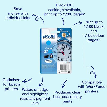 Epson 27XL Cyan Alarm Clock High Yield Genuine, DuraBrite Ultra Ink Cartridge
