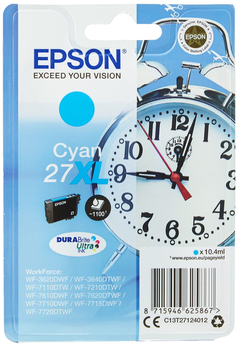 Epson 27XL Cyan Alarm Clock High Yield Genuine, DuraBrite Ultra Ink Cartridge
