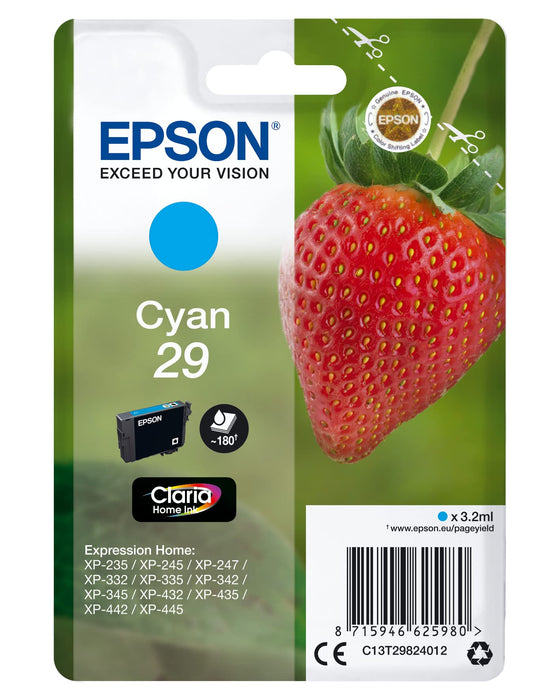 Epson Original 29 Tinte Erdbeere, XP-235 XP-332 XP-335 XP-432 XP-435 XP-245 XP-342 XP-345 XP-442 XP-445 XP-247 XP-257 XP-255 XP-352 XP-355 XP-452 XP-455, (cyan)