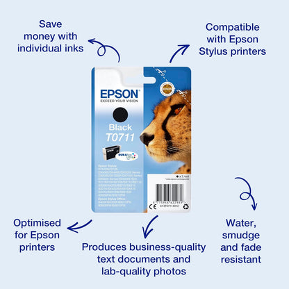 Epson T071 Serie Ghepardo, Cartuccia Originale Getto d'Inchiostro DURABrite Ultra, Formato Standard, Nero