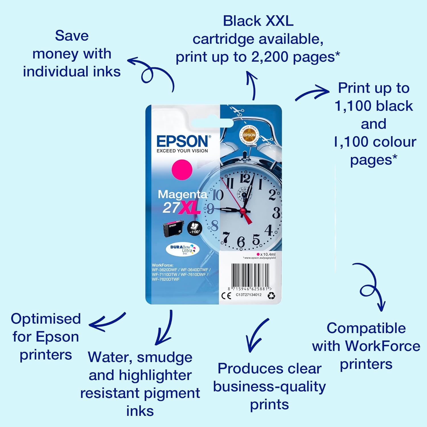 Epson 27XL Magenta Alarm Clock High Yield Genuine, DuraBrite Ultra Ink Cartridge