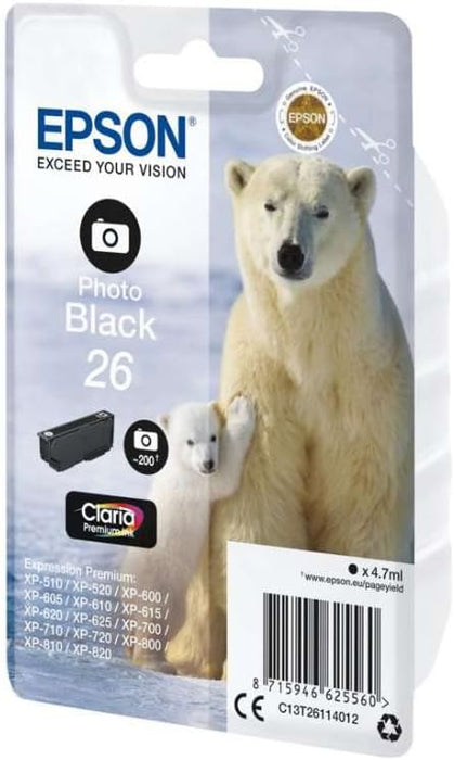 Epson 26 Polar Bear Photo Black Genuine, Claria Premium Ink Cartridge