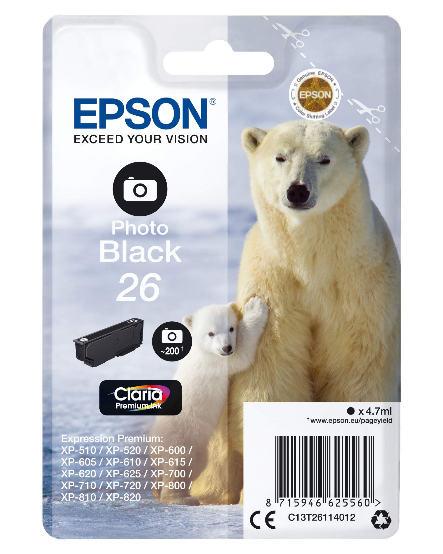 Epson 26 Polar Bear Photo Black Genuine, Claria Premium Ink Cartridge