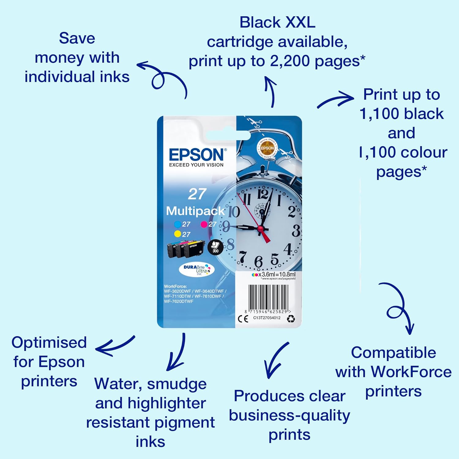 Epson 27 Alarm Clock Genuine Multipack, 3-colours Ink Cartridges, DuraBrite Ultra Ink