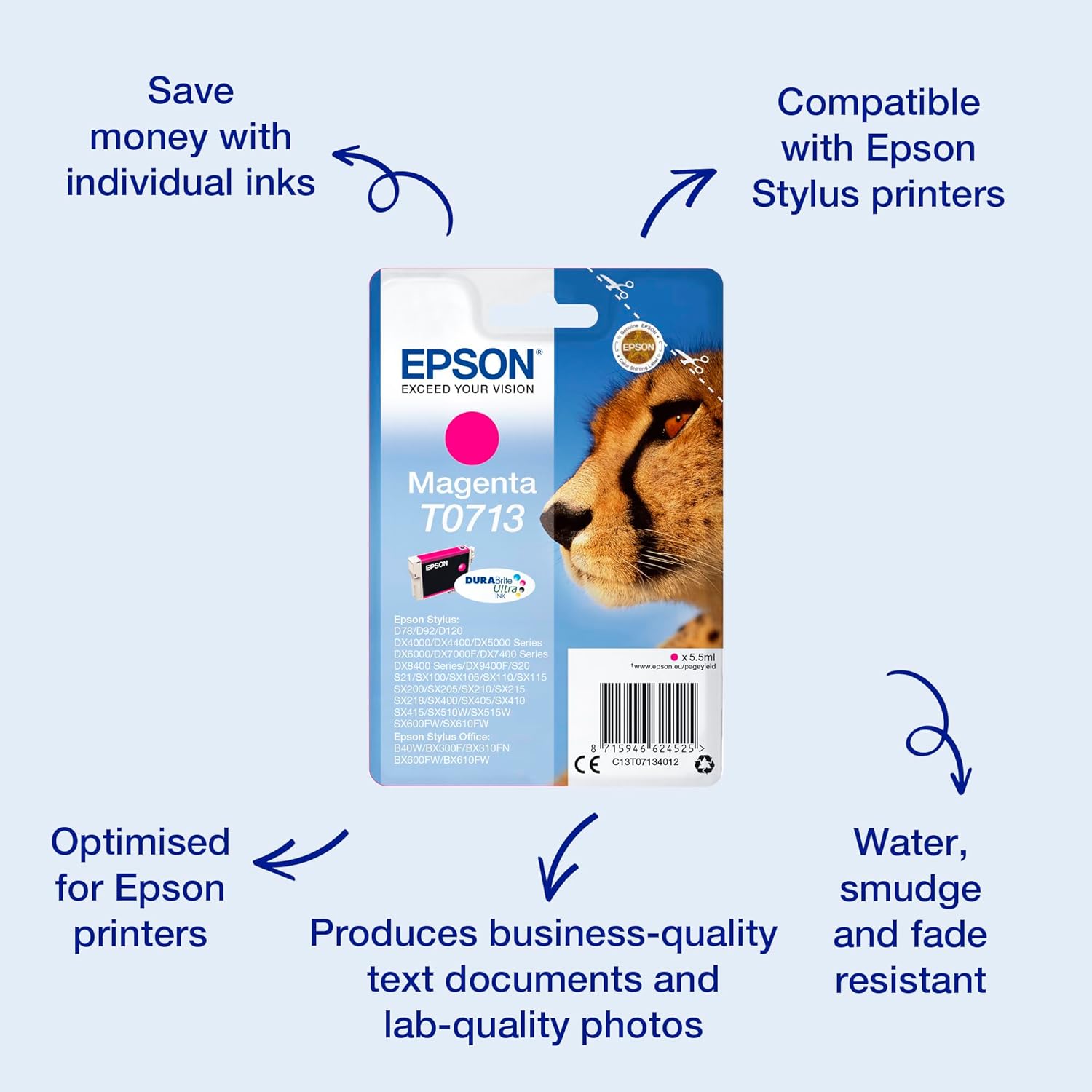 Epson T071 Serie Ghepardo, Cartuccia Originale Getto d'Inchiostro DURABrite Ultra, Formato Standard, Magenta