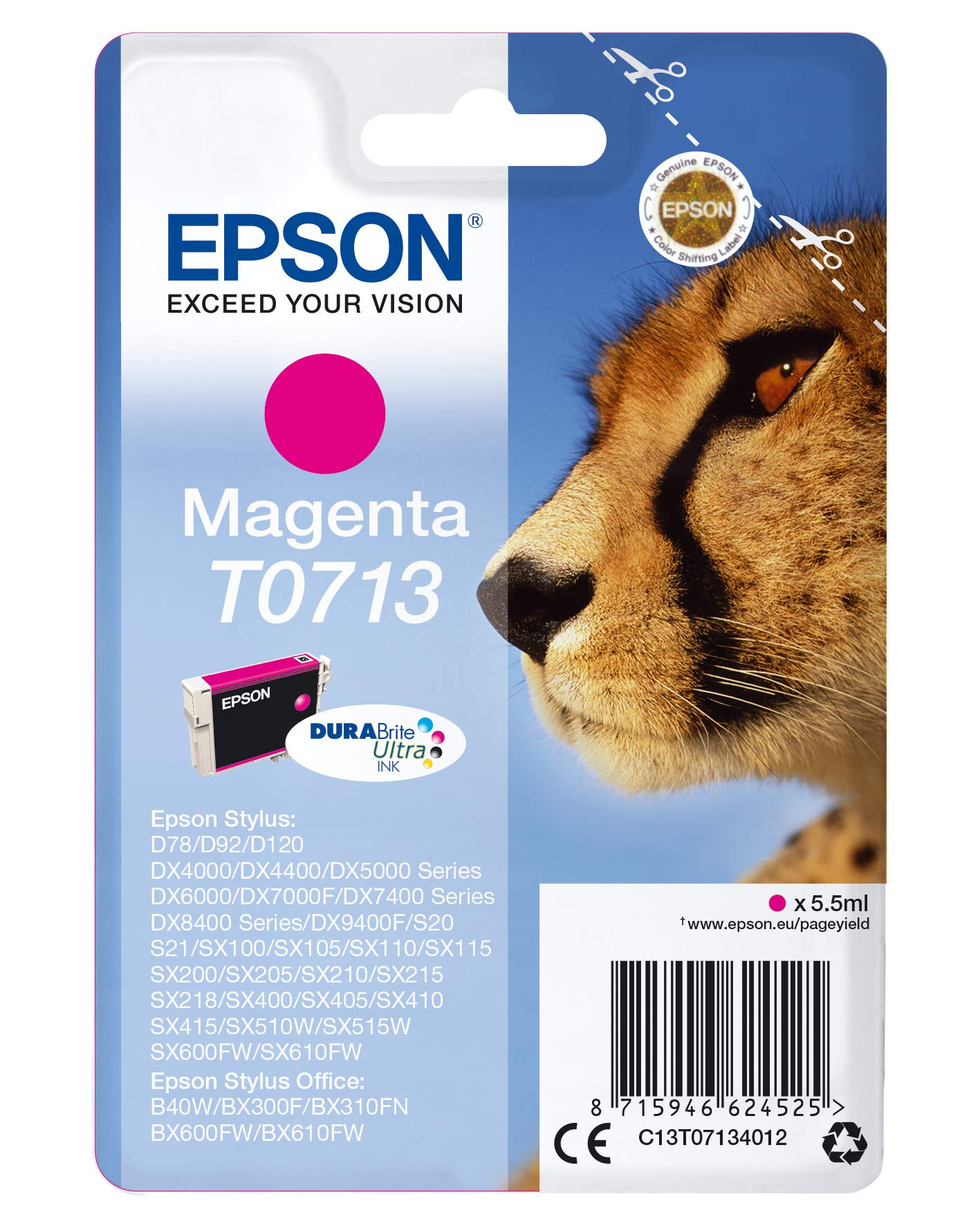 Epson T071 Serie Ghepardo, Cartuccia Originale Getto d'Inchiostro DURABrite Ultra, Formato Standard, Magenta