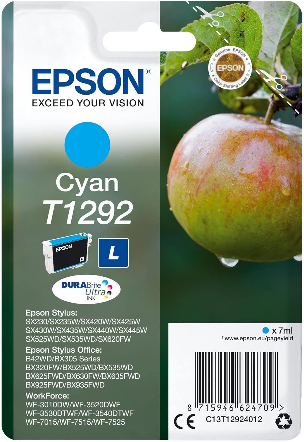 Epson Stylus T1292 - Cartucho de tinta, tamaño L, 1 unidad, color cian válido para los modelos WorkForce, Stylus, Stylus Office y otros, Ya disponible en Dash Replenishment, Normal (235M274