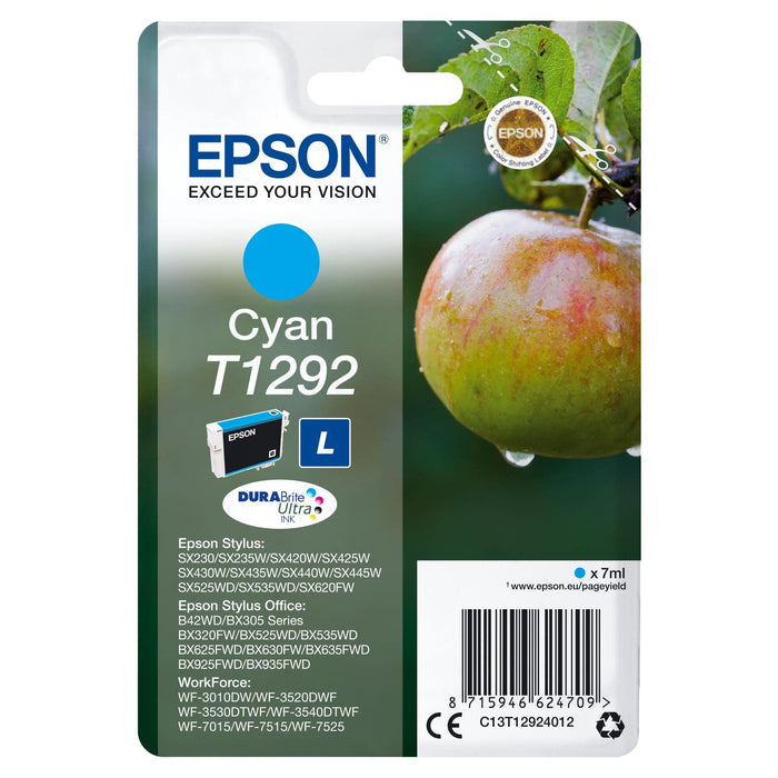 Epson Stylus T1292 - Cartucho de tinta, tamaño L, 1 unidad, color cian válido para los modelos WorkForce, Stylus, Stylus Office y otros, Ya disponible en Dash Replenishment, Normal (235M274
