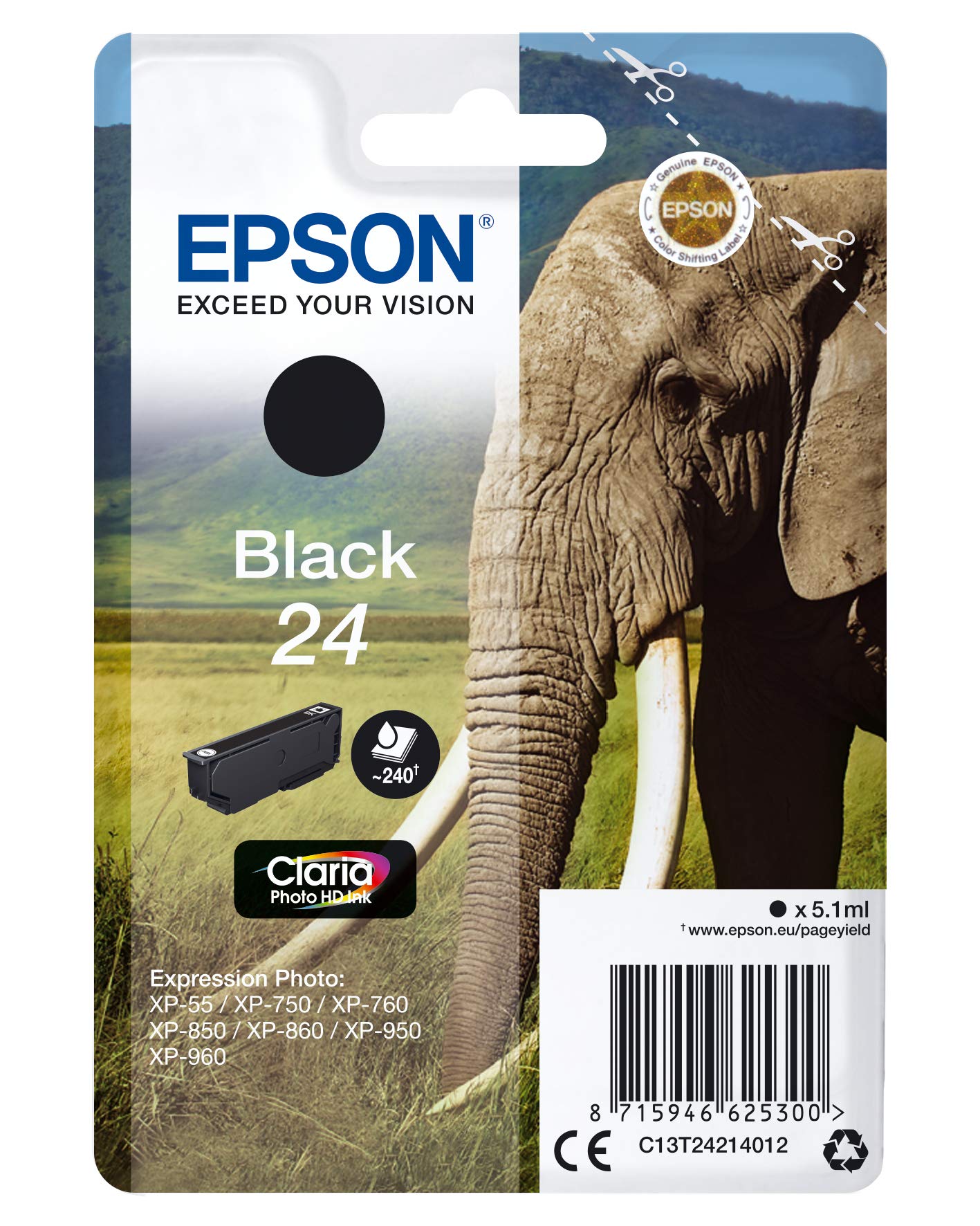 Epson 24 Serie Elefante, Cartuccia originale getto d'inchiostro Claria Photo HD, Formato Standard, Nero