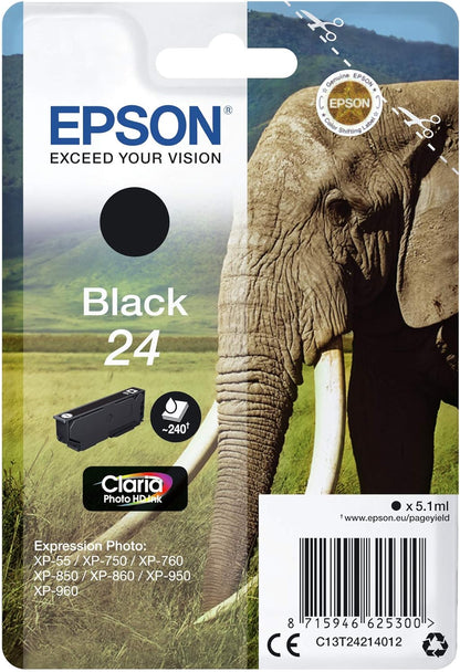 Epson 24 Serie Elefante, Cartuccia originale getto d'inchiostro Claria Photo HD, Formato Standard, Nero