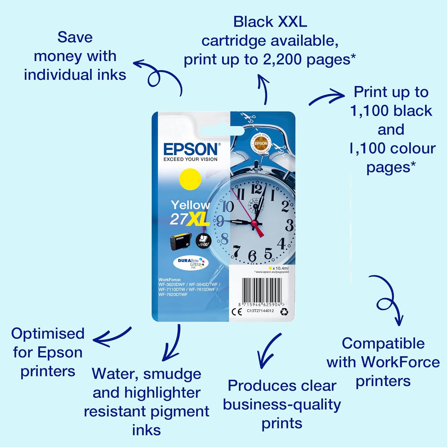 Epson 27XL Yellow Alarm Clock High Yield Genuine, DuraBrite Ultra Ink Cartridge