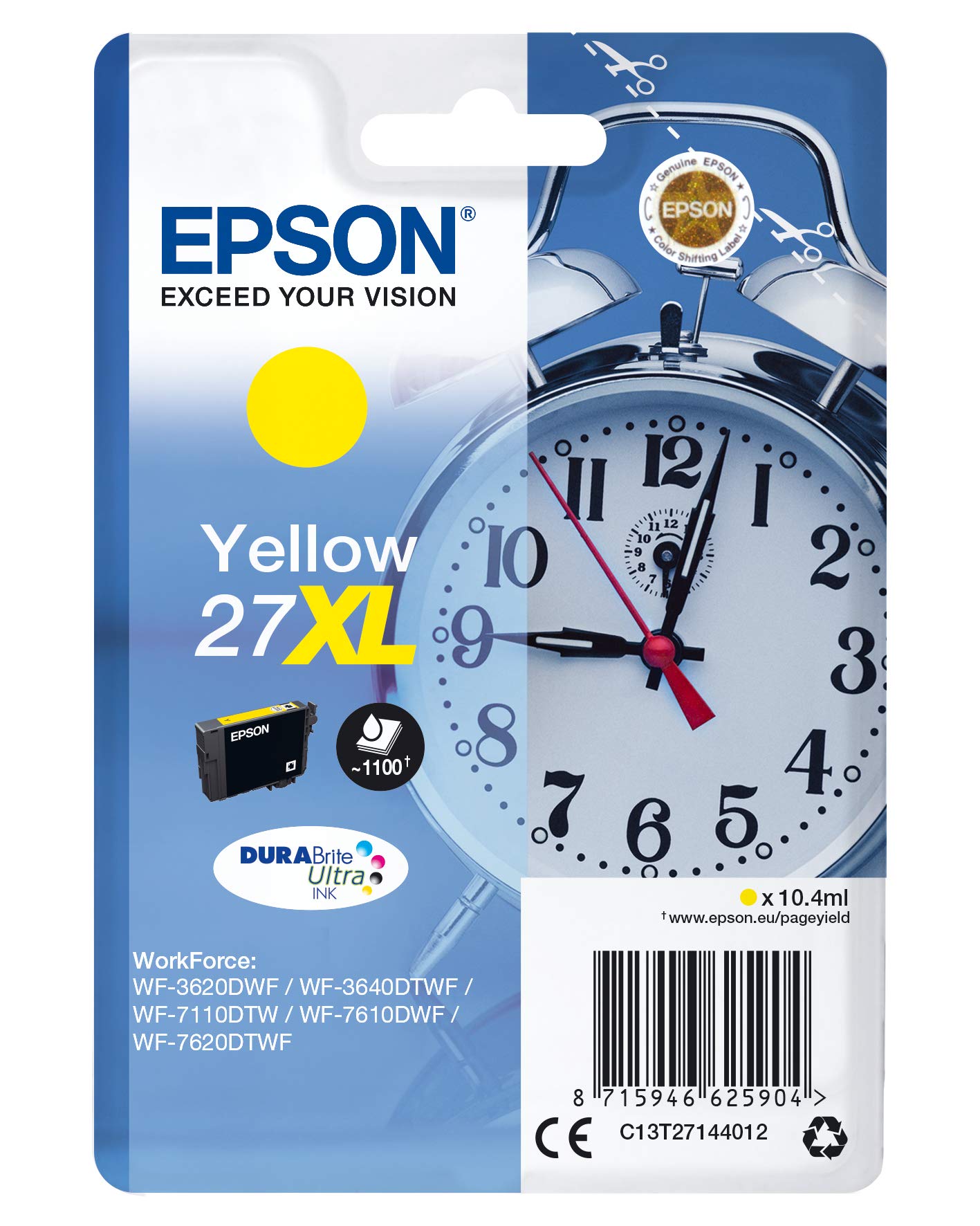 Epson 27XL Yellow Alarm Clock High Yield Genuine, DuraBrite Ultra Ink Cartridge