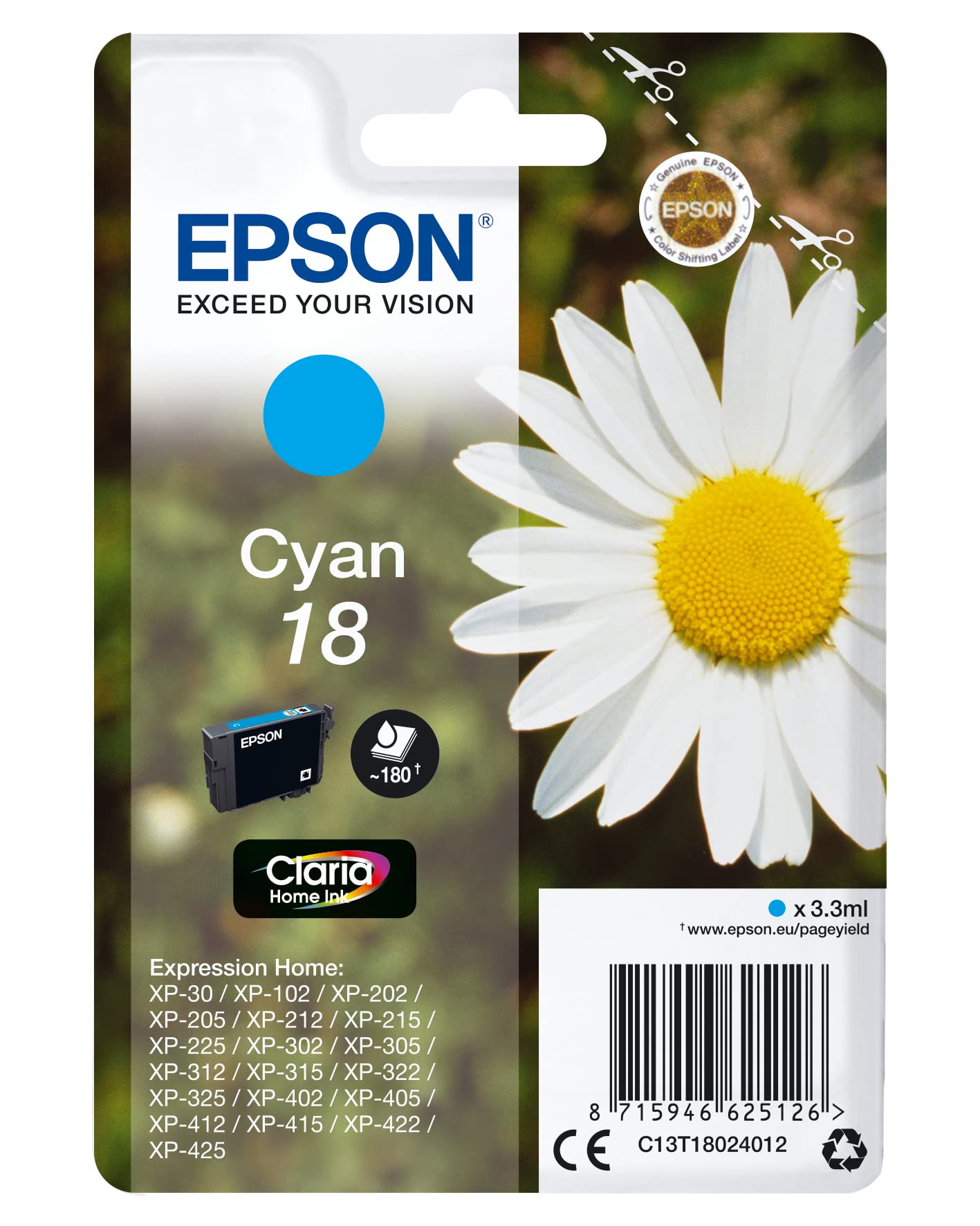 Epson 18 Cyan Daisy Genuine, Claria Home Ink Cartridge