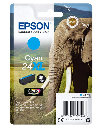 Epson 24 Serie Elefante, Cartuccia Originale Getto d'Inchiostro Claria Photo HD, Formato XL