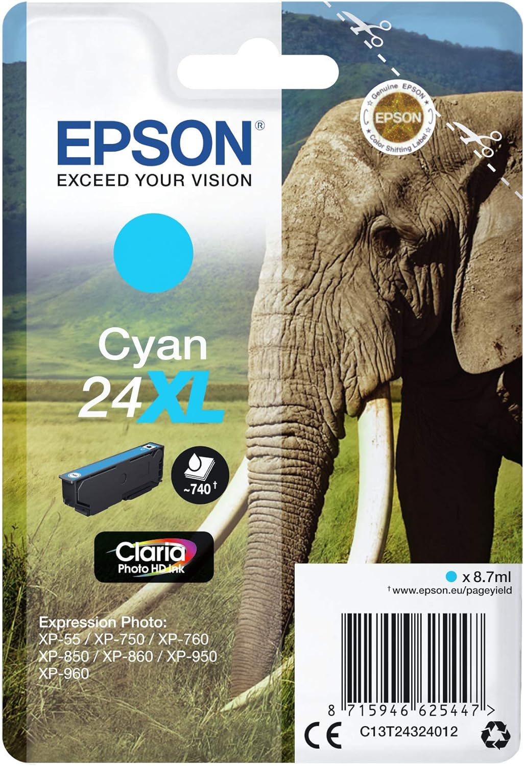 Epson 24 Serie Elefante, Cartuccia Originale Getto d'Inchiostro Claria Photo HD, Formato XL