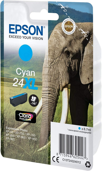 Epson 24 Serie Elefante, Cartuccia Originale Getto d'Inchiostro Claria Photo HD, Formato XL