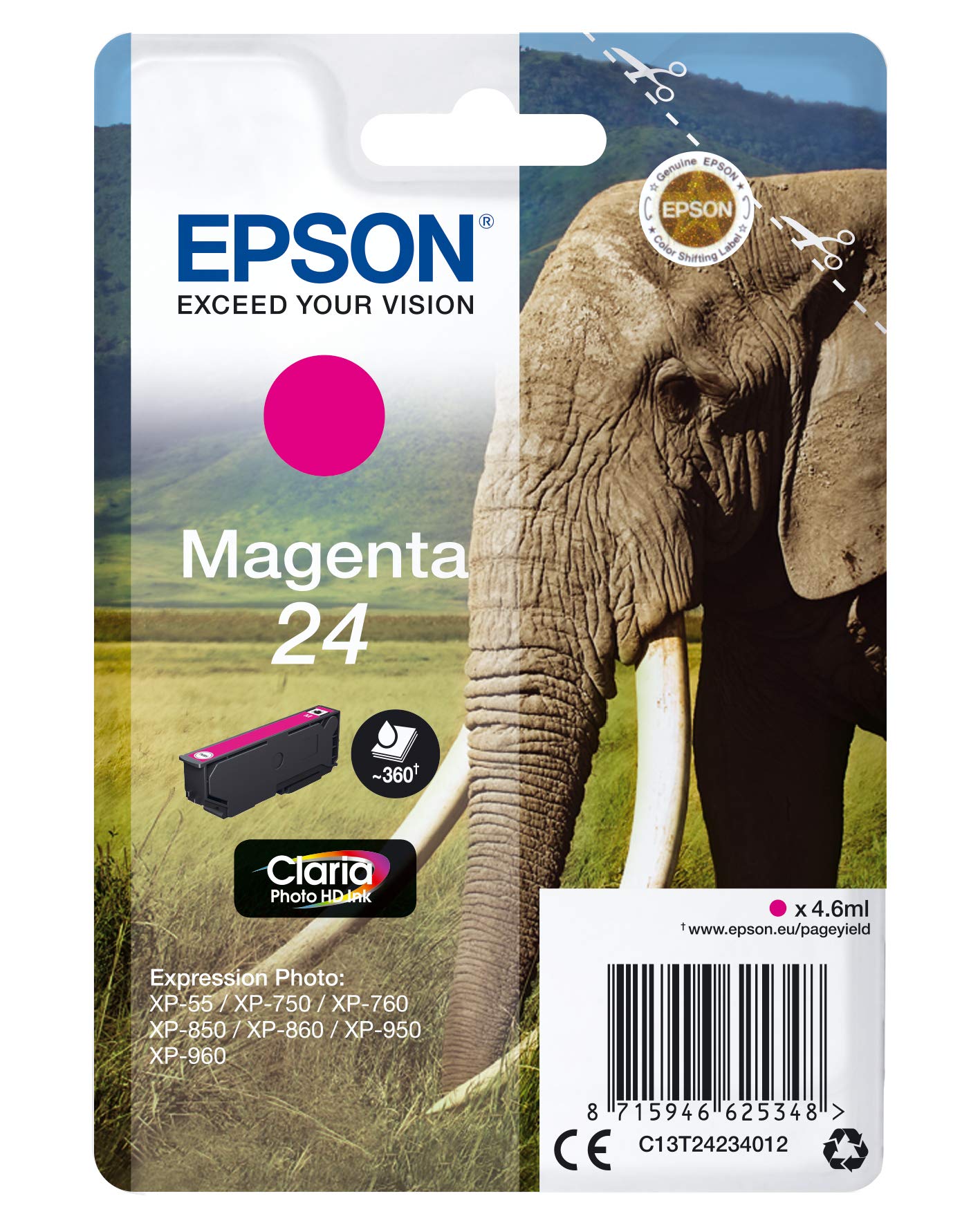 Epson 24 Serie Elefante, Cartuccia Originale Getto d'Inchiostro Claria Photo HD, Formato
