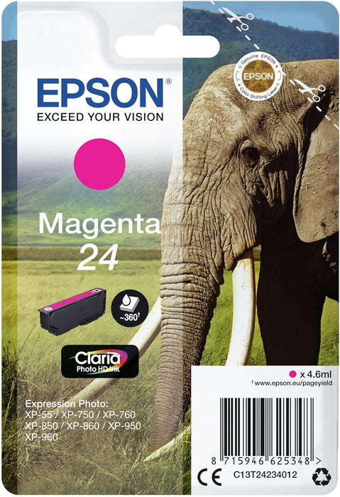 Epson 24 Serie Elefante, Cartuccia Originale Getto d'Inchiostro Claria Photo HD, Formato
