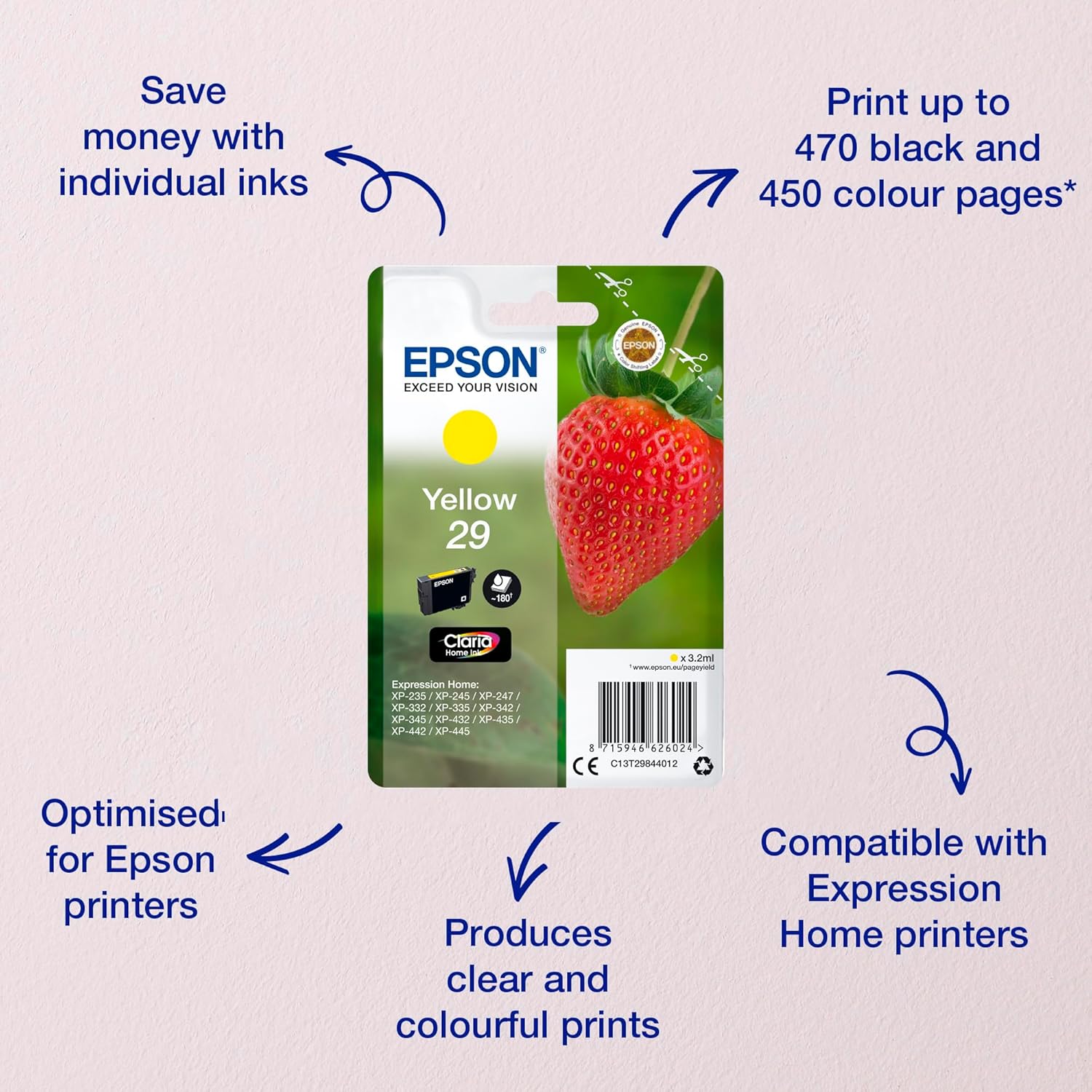 Epson,235M145,Original AA829 TinteErdbeere, XP-235 XP-332XP-335 XP-432 XP-435 XP-245 XP-342XP-345 XP-442 XP-445 XP-247 XP-257 XP-255 XP-352 XP-355 XP-452 XP-455, (gelb)