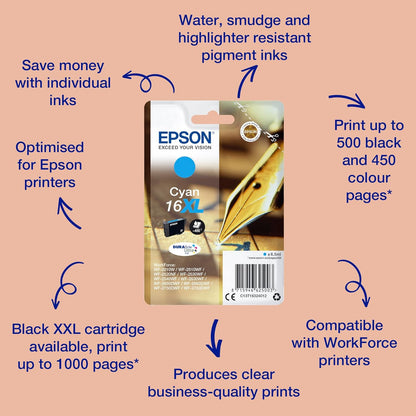 Epson 16XL Cyan Pen & Crossword High Yield Genuine, DURABrite Ultra Ink, XL High Capacity
