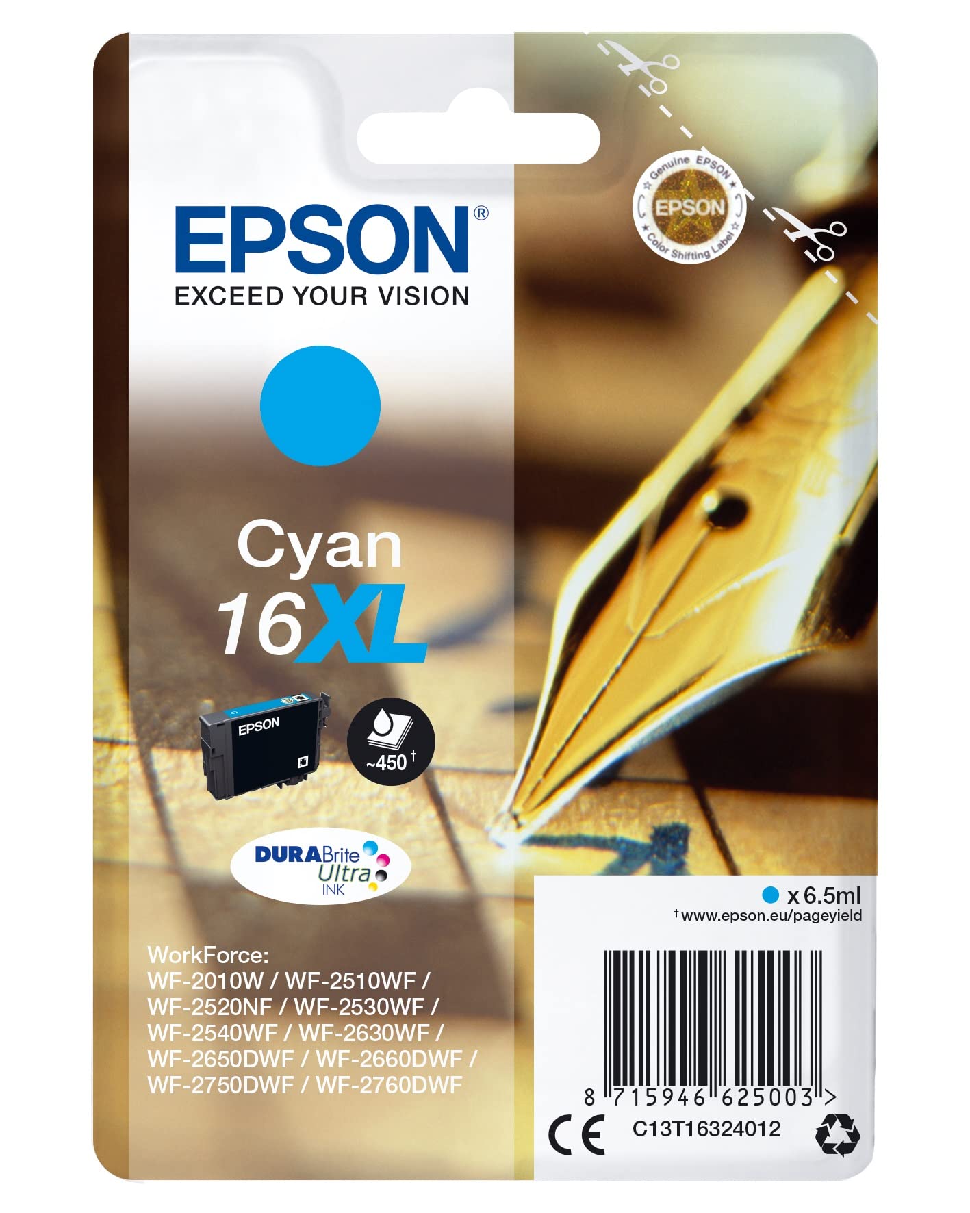 Epson 16XL Cyan Pen & Crossword High Yield Genuine, DURABrite Ultra Ink, XL High Capacity