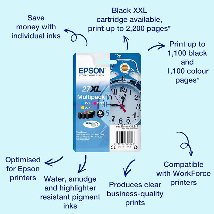 Epson Multipack 27XL Alarm Clock, Original XL Ink Cartridges High Capacity, Cyan, Magenta, Yellow, WF-3620DWF/WF-3640DTWF/WF-7110DTW/WF-7210DTW/WF-7610DWF/WF-7620DTWF/WF-7710DWF/WF-7715DWF/WF-7720DTWF