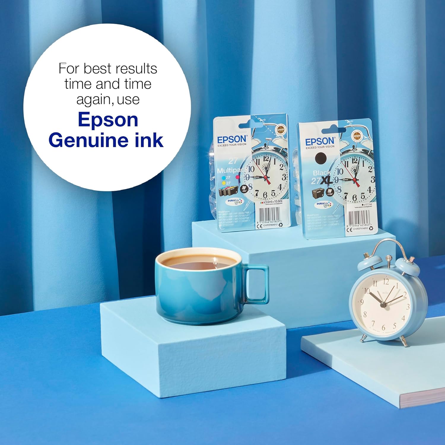 Epson Multipack 27XL Alarm Clock, Original XL Ink Cartridges High Capacity, Cyan, Magenta, Yellow, WF-3620DWF/WF-3640DTWF/WF-7110DTW/WF-7210DTW/WF-7610DWF/WF-7620DTWF/WF-7710DWF/WF-7715DWF/WF-7720DTWF