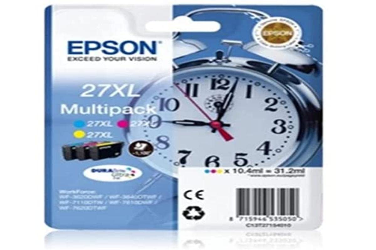 Epson Multipack 27XL Alarm Clock, Original XL Ink Cartridges High Capacity, Cyan, Magenta, Yellow, WF-3620DWF/WF-3640DTWF/WF-7110DTW/WF-7210DTW/WF-7610DWF/WF-7620DTWF/WF-7710DWF/WF-7715DWF/WF-7720DTWF
