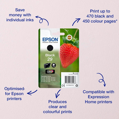 Epson Serie 29 Standard Fragole, Cartucce Claria Home per Stampante Inkjet, Single Pack 1 Colore (Nero) Formato STD, Stampe Casa/Ufficio fino 175 Pagine, Confezione Retail