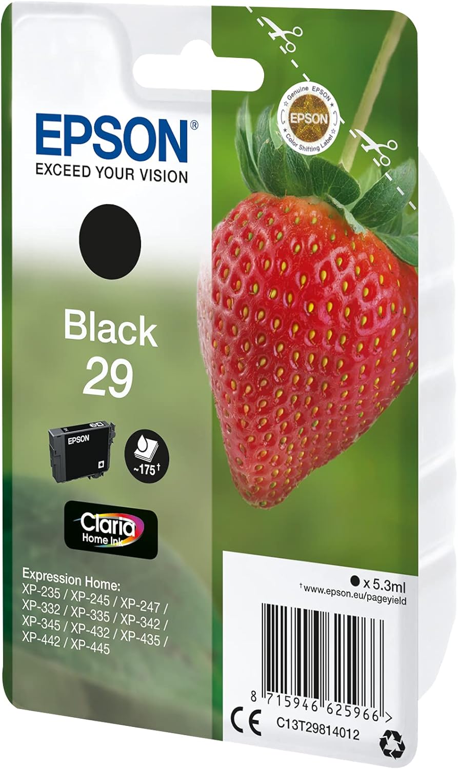 Epson Serie 29 Standard Fragole, Cartucce Claria Home per Stampante Inkjet, Single Pack 1 Colore (Nero) Formato STD, Stampe Casa/Ufficio fino 175 Pagine, Confezione Retail
