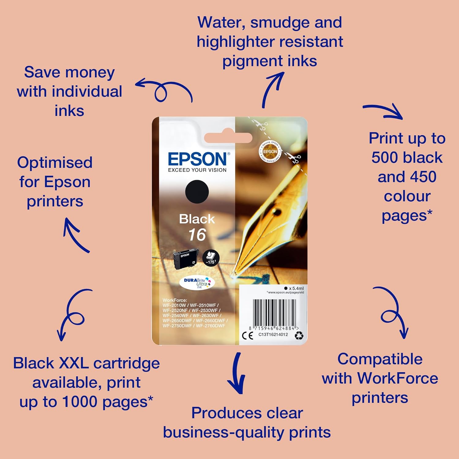 Epson Original 16 Tinte Füller (WF-2630WF, WF-2650DWF, WF-2660DWF, WF-2750DWF, WF-2760DWF), schwarz